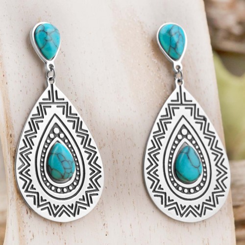 Boucles d'oreilles FRANCESCA Blue Silver Pendantes mi-longues Ethnique Argent et Bleu Turquoise Acier inoxydable