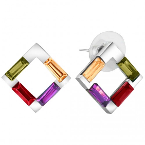 Boucles d'oreilles ROCADA Color Silver Puces clous Carré Argent et Multiclore Rhodium Cristal