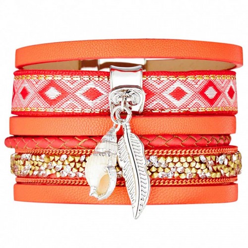 Bracelet CALIFORNIA Orange Silver Manchette souple Multirangs Coquillage Argent et Orange Rhodium Simili-Cuir Cristal Nacre