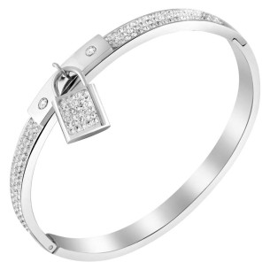 SECRET White Silver bracelet Rigid bangle paved Padlock Silver and White Stainless steel Crystal