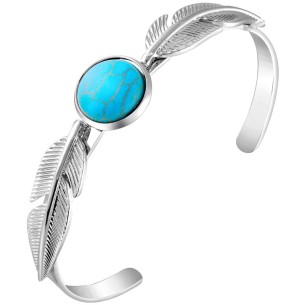 FAVEDRO Turquoise Silver bracelet Rigid flexible adjustable bangle Ethnic feather Silver and Rhodium reconstituted Turquoise