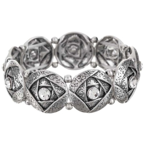 ETECH White Silver Bracelet Soft elastic cuff Baroque or medieval Silver and White Brass Crystal