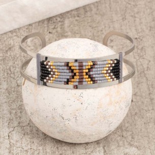 MANIOTIS Black Silver bracelet Adjustable flexible rigid openwork cuff Ethnic Silver and Black Stainless steel Beads