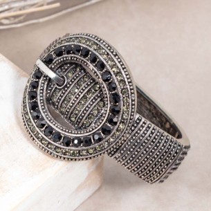 CINTULA Black Silver bracelet Rigid openwork cuff Belt buckle Silver and Black Rhodium Crystal