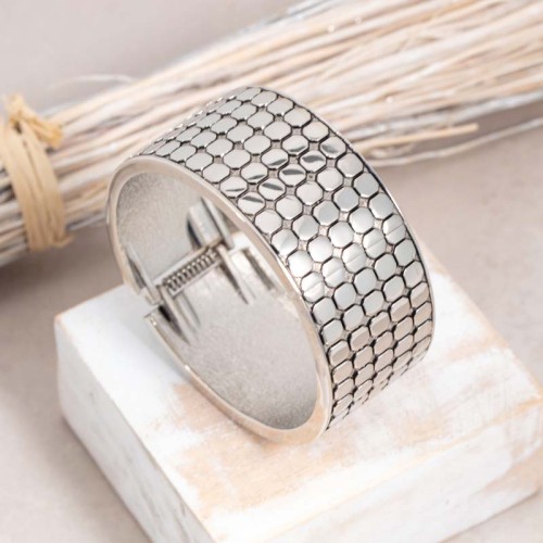 WALL Silver Bracelet Rigid Cuff Rhodium Silver Grid