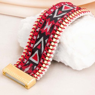 PERUVIANO Bracelet Black & Red Gold Soft cuff Ethnic Gold and Red Black Rhodium Hand embroidery Suede Beads