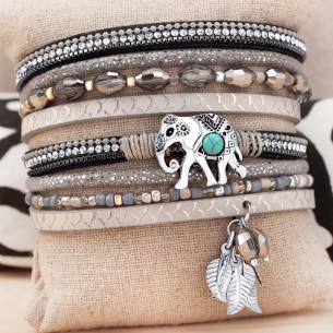 Bracelet ARYANAL TURQUOISE Gray Silver Multi-row Elephant Silver Gray Imitation Leather Crystal Turquoise reconstituted