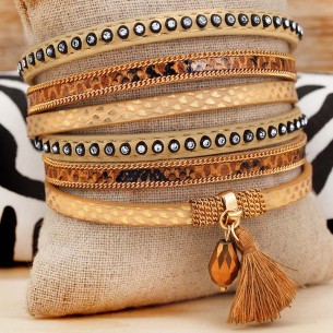 Bracelet INDIANA TAUPE Beige Gold Double wrap Multi-row Ethnic reptile Golden and Beige Rhodium Imitation Leather Crystal Pompom