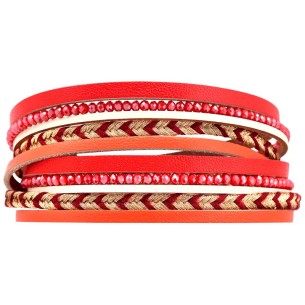 Bracelet FERNANDO Red Coral Gold Double wrap Multi-row Ethnic braided Golden Red Coral Golden with fine gold Leather Crystal