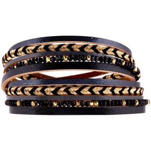 FERNANDO NOCHE Black Gold Bracelet Double wrap Multi-row Ethnic braided Gold and Black Gilded with fine gold and Crystal Leather