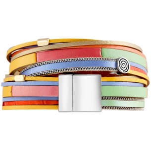 ARLODINO Color Silver Bracelet Double wrap Multi-row Patchwork Silver and Multicolor Rhodium and Leather