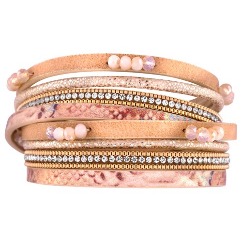 NUNA Bracelet Beige Gold Double wrap Multi-row reptile print Gold and Beige Rhodium and Faux Leather Crystal