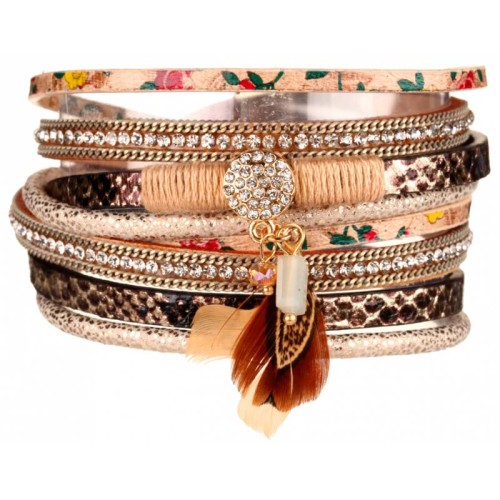 JOAO NUDE Beige Gold Bracelet Double wrap Multi-row Floral Beige Golden with fine gold and Faux Leather Crystal and Feathers