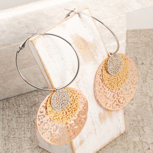 DOLCE All Gold Hoop Earrings with Mobile Filigree Pendant Silver Gold Rosé Rhodium