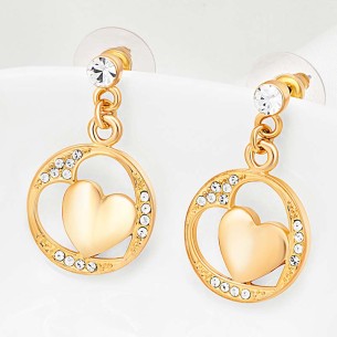 LOVEA White Gold earrings Openwork dangling chips Hearts one inside the other White Brass gilded with fine gold Crystal