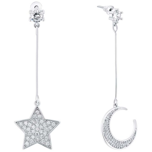 STARS BY MOON White Silver Earrings Paved star and moon pendants Silver and White Rhodium Crystal