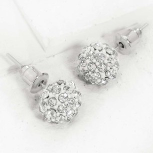 CLEONA CRYSTAL White Silver stud earrings Pearl ball paved with crystals Silver and White Rhodium Crystal