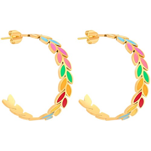 NOGUELIA STEEL Color Gold earrings Flat hoop earrings Multicolored foliage Stainless steel gilded with fine gold enamels