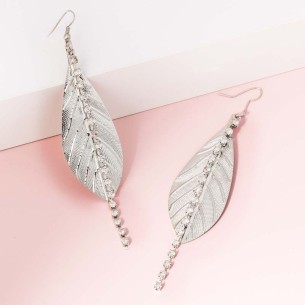 LEAVES PRINT White Silver Earrings Long Dangling Leaf Silver and White Rhodium Crystals Set