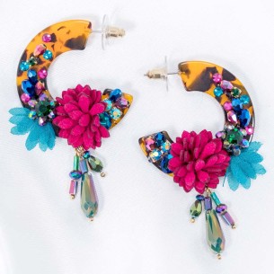 BAROCCA Color Gold Hoop Earrings with Floral Pendant Silver Multicolor Rhodium Crystals Set Resin Suede