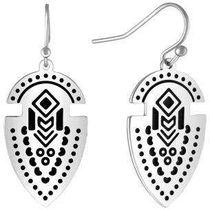 PRIMITIF Black Silver Earrings Short Dangling Ethnic Silver and Black Rhodium Engraving