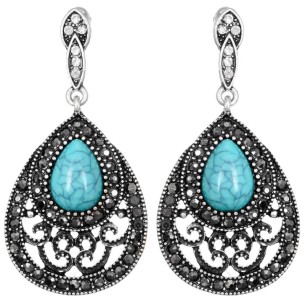 CERRO Turquoise Silver Earrings Short Dangle Antique Silver and Reconstituted Turquoise Rhodium Crystal