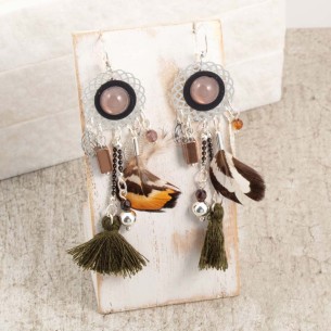 SERENISTA Brown Silver Dangling Earrings with Filigree Pendant Silver and Brown Rhodium Crystal and Feathers