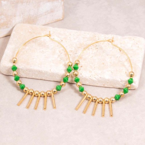 VERTIS Green Gold Creole earrings with Golden and Green Brass Fringe pendant gilded with fine gold