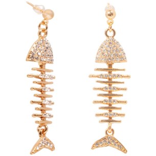 FISH White Gold Earrings Dangling fishbone pendant Gold and White Brass gilded with fine gold Crystal