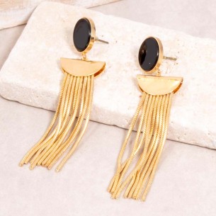 CLEOS Black Gold Earrings Dangling with Gold and Black Fringe Pendant Brass gilded with fine gold Resins