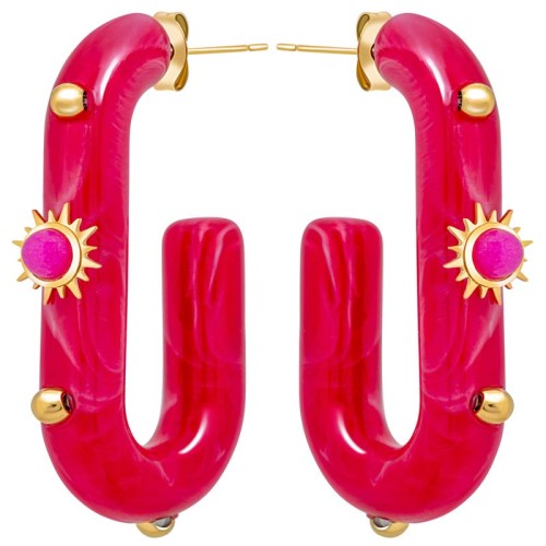 ELASOR STEEL Fuchsia Gold earrings Hoop tubes Oval Solar Fuchsia Stainless steel gilded with fine gold Resins Stone