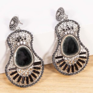 GUAPENDA Black Silver Earrings Openwork Pendants Romantic Baroque Silver and Black Rhodium Crystal Resin Pearls