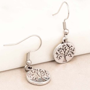 Boucles d'oreilles NATURO Silver Pendantes courtes Arbre de vie gravé Métal argenté