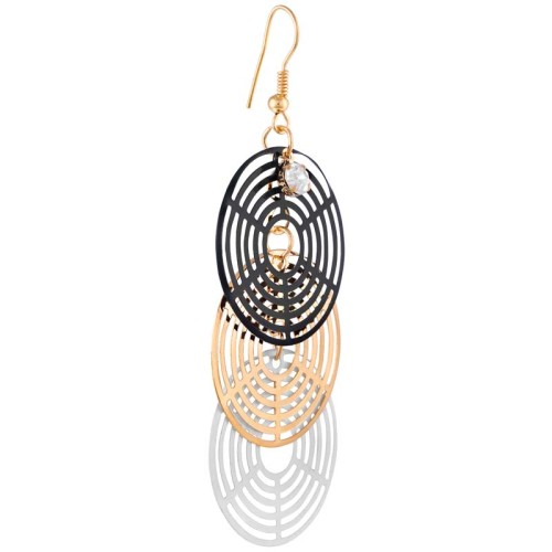 SOLAL Black & White Gold Earrings Long openwork dangles Filigree Gold Black White Rhodium Crystal