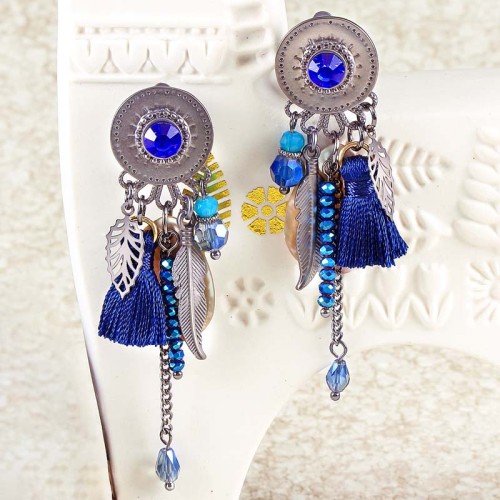 Boucles d'oreilles DIEGO NUEVO WINTER Night Blue Silver Pendantes pendentif Plume Argenté Bleu Nuit Rhodium Cristal Pompon Nacre